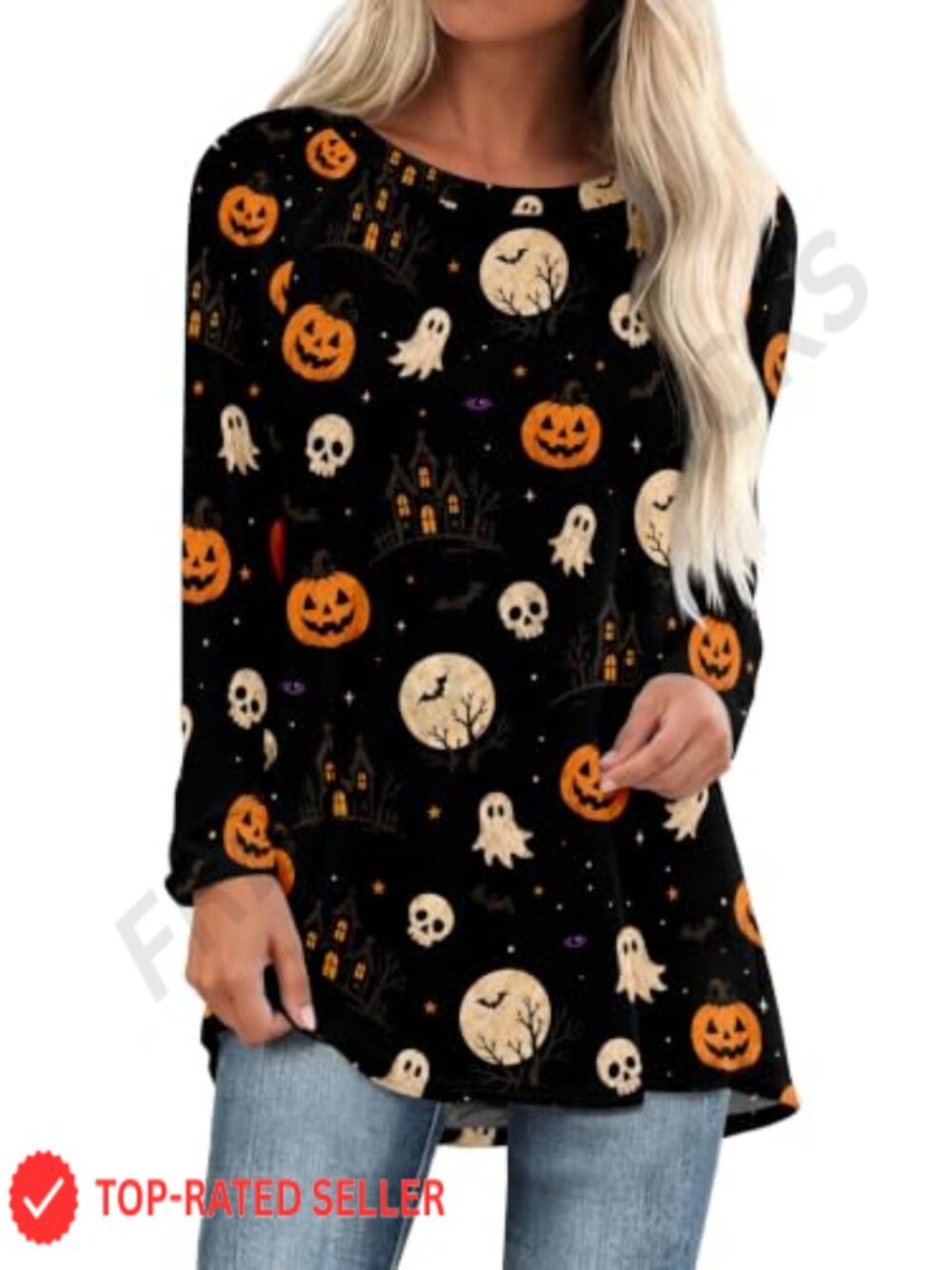 Womens Tunic Top Loose Fit Long Sleeve Crew Neck Polyester Rayon Spandex